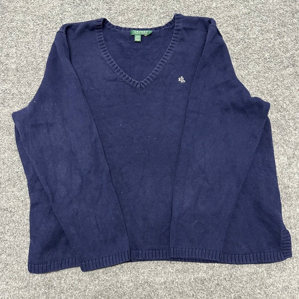 Lauren Ralph Lauren Sweater Womens Size XL Navy Blue V-Neck Cotton Knit Logo